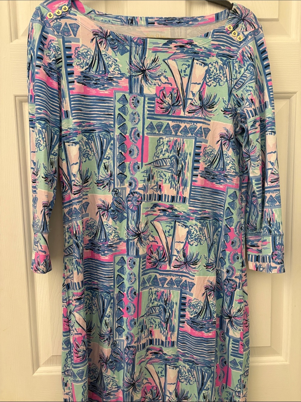 Tropical Print Boatneck Dress in Blue, Pink & Mint - Picture 3 of 4